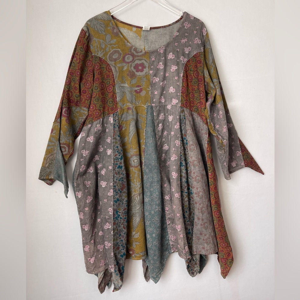Lagenlook Patchwork Corduroy Babydoll Dress Tunic Afghan Hem 2X
